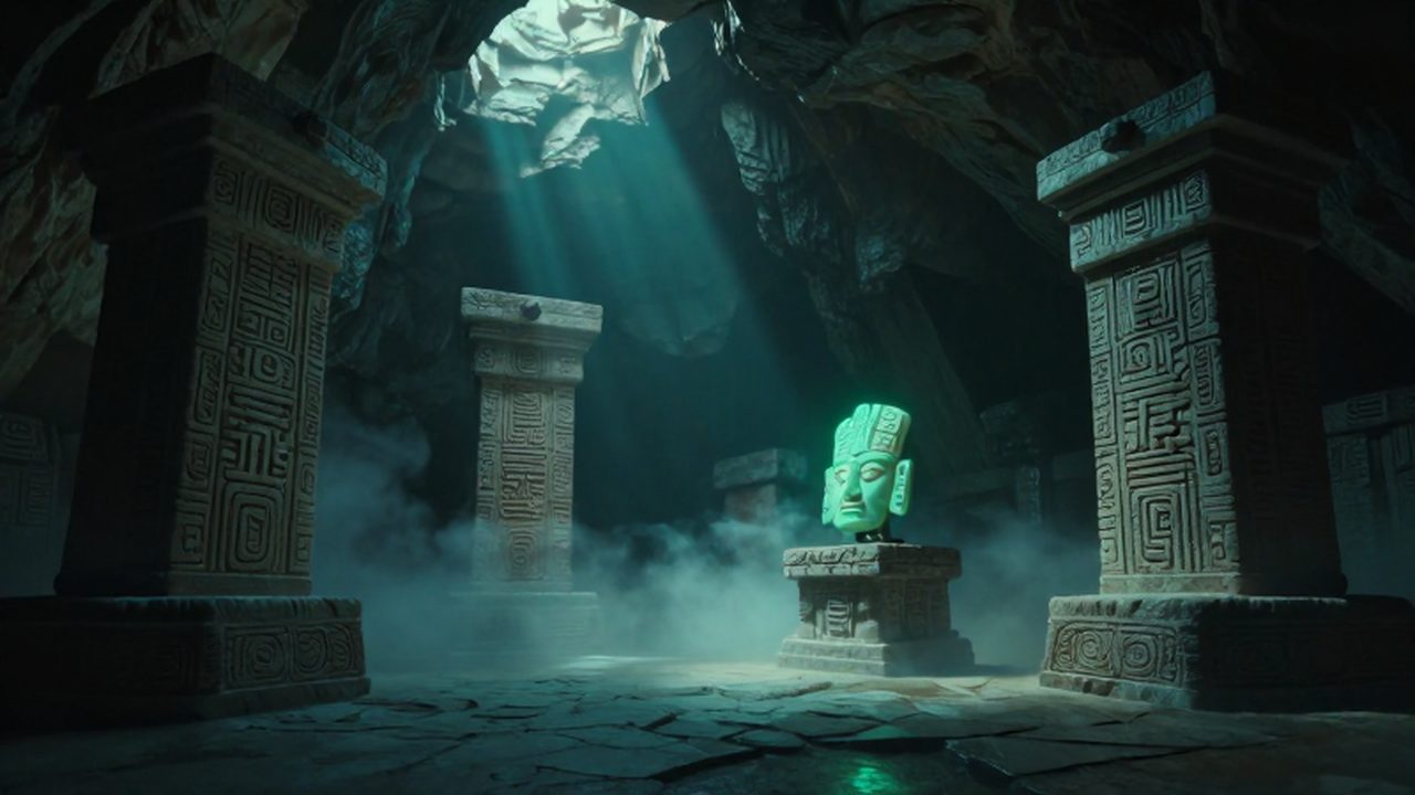 Máscara de jade ceremonial sobre un altar de piedra dentro de una cueva maya envuelta en niebla turquesa y luz lunar.