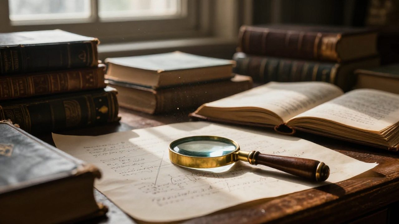 Escritorio de madera antiguo con libros de cuero abiertos, pergaminos con ecuaciones matemáticas y una lupa bajo la luz cálida de una ventana.