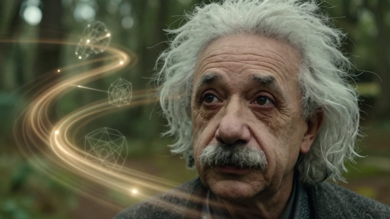 Hombre con expresión pensativa y mirada profunda rodeado de estelas luminosas y diagramas celestiales que simbolizan el espacio y el tiempo.