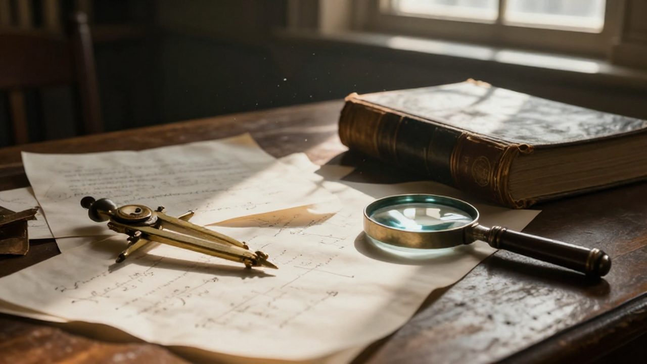 Escritorio antiguo de madera con manuscritos matemáticos, un compás de latón y un libro de cuero bajo la luz suave de una ventana.
