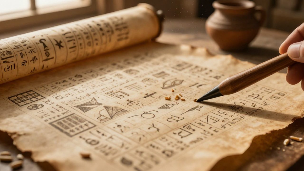 Primer plano de un papiro antiguo con inscripciones jeroglíficas y anotaciones matemáticas junto a un cálamo de madera.