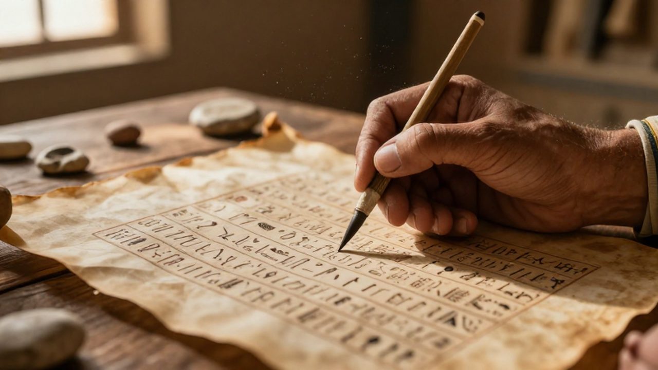 Manos de un escriba egipcio utilizando un estilete para realizar cálculos matemáticos sobre un papiro antiguo.