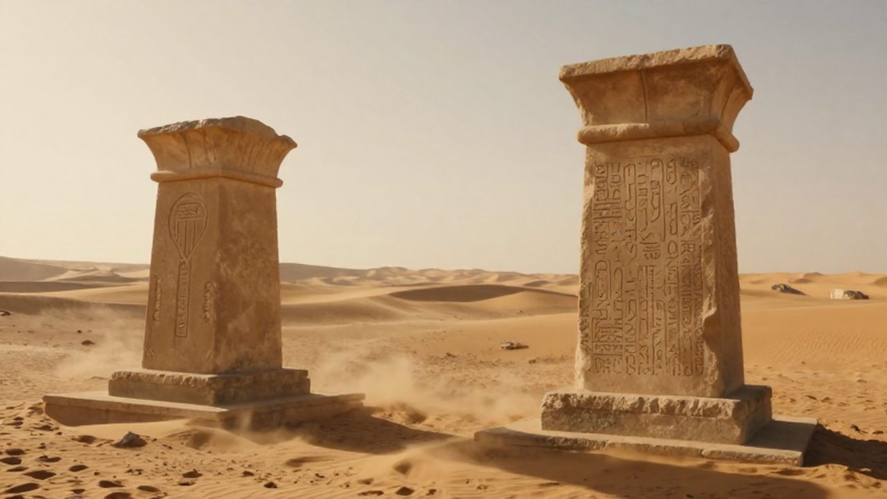 Dos altares de piedra con grabados antiguos frente a frente en un vasto desierto del Cercano Oriente bajo la luz del atardecer.