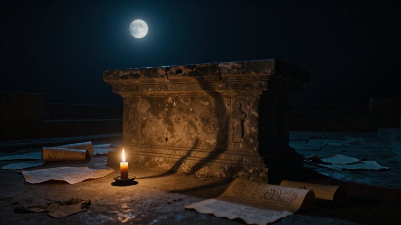 Altar de piedra antigua bajo una luna eclipsada con pergaminos y una vela encendida en una atmósfera de misterio.