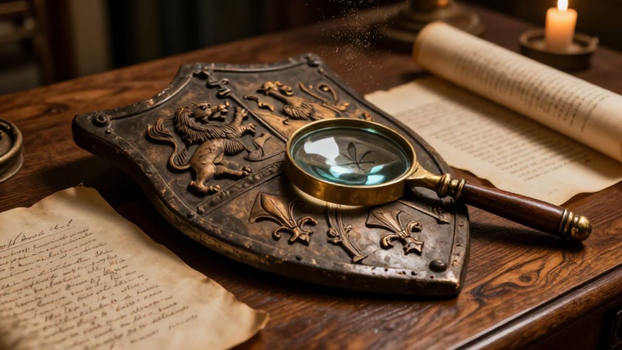 Escudo heráldico antiguo con grabados de leones junto a pergaminos, documentos escritos y una lupa sobre una mesa de madera.