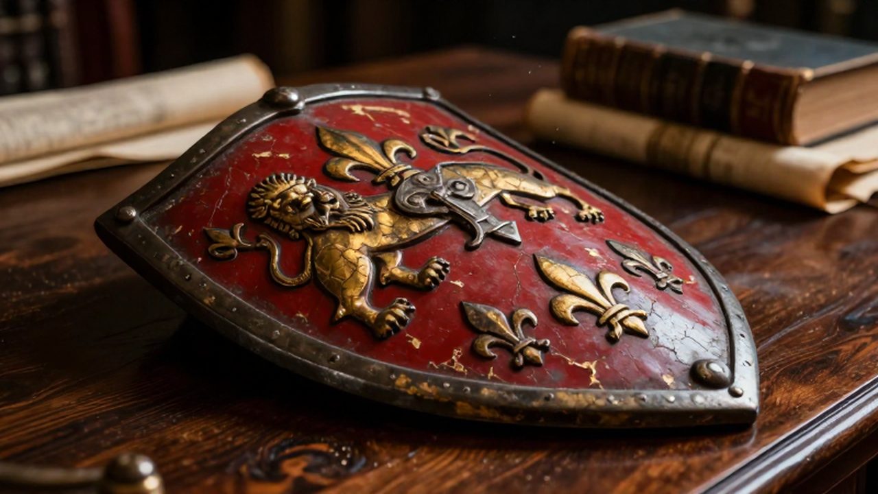 Escudo heráldico antiguo de madera y metal con grabados de leones sobre una mesa de madera rodeada de pergaminos y libros antiguos.