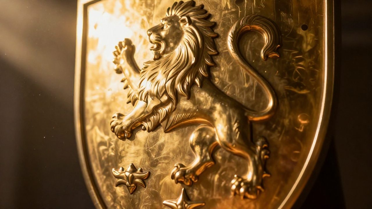 Escudo heráldico dorado con un león en relieve bajo una luz solar intensa que resalta su textura metálica y brillo.