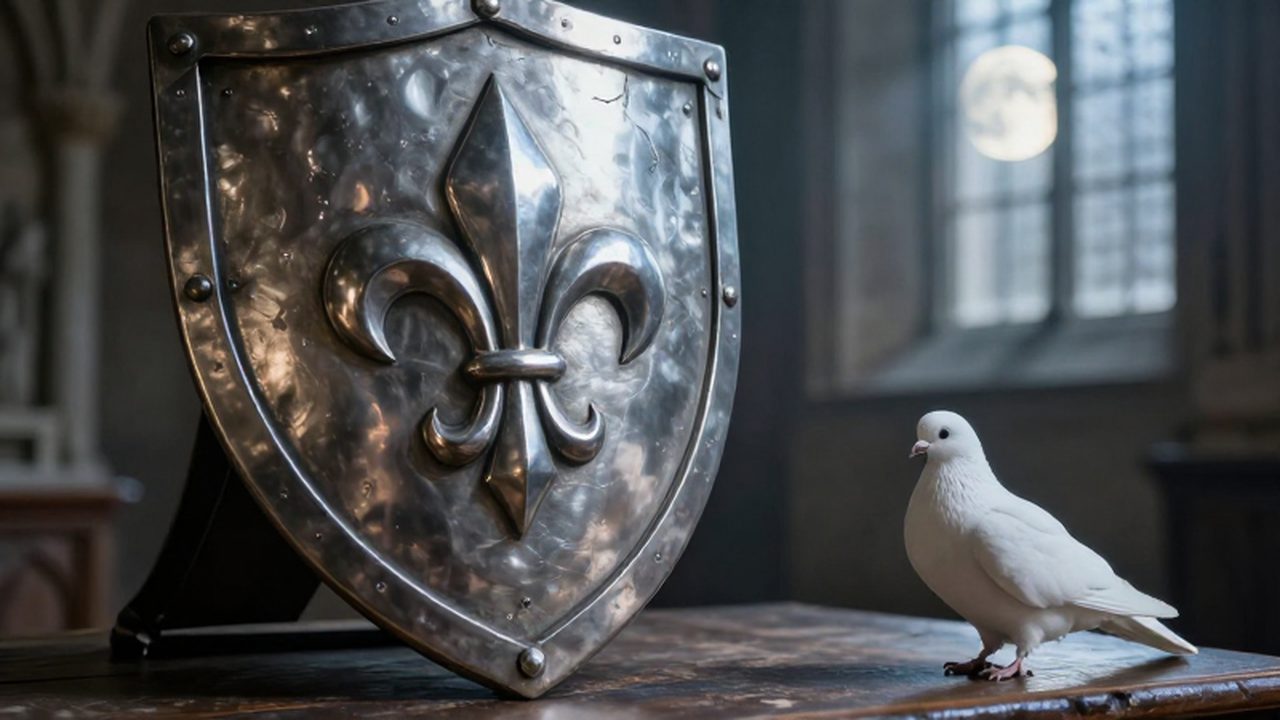 Escudo heráldico medieval de plata con un emblema de flor de lis junto a una paloma blanca sobre una mesa de madera.