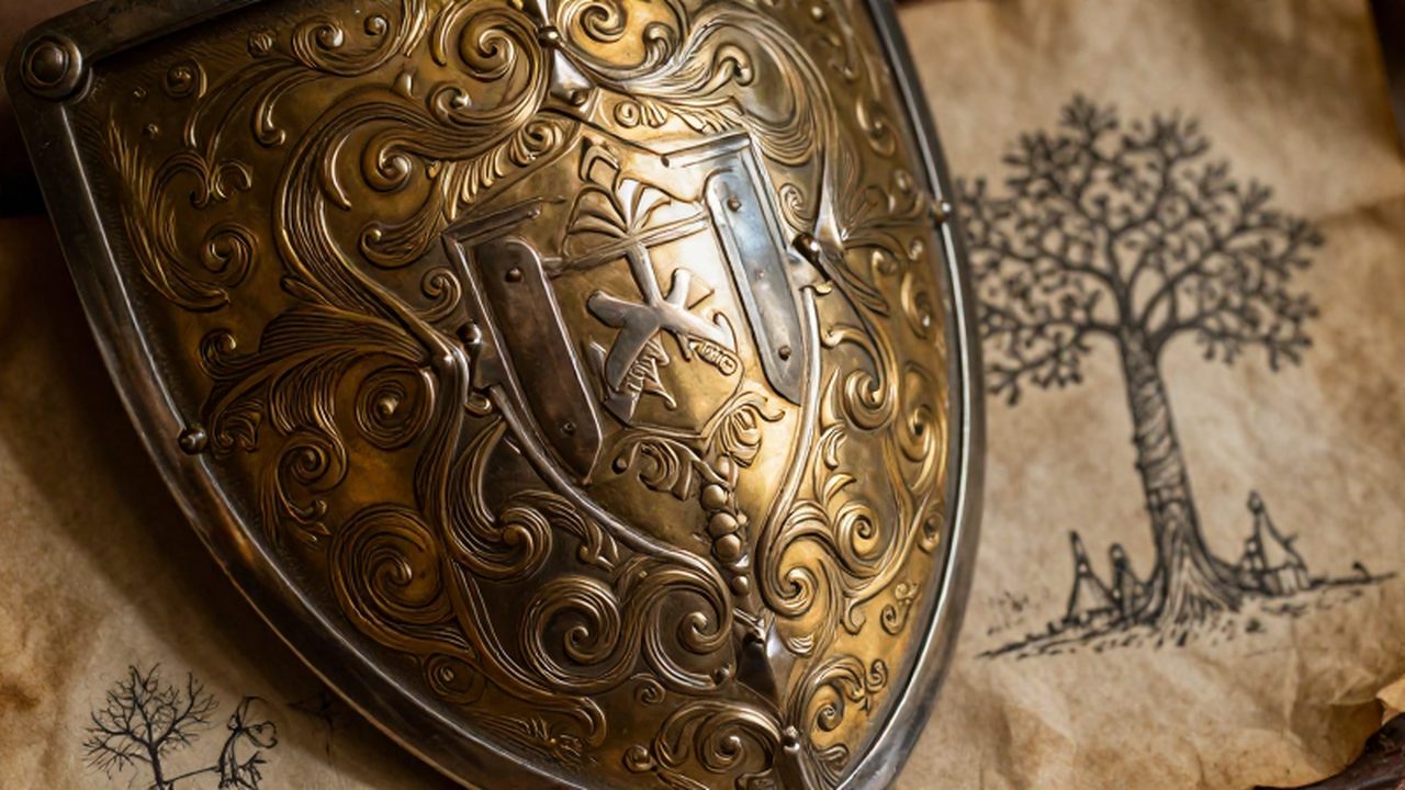 Escudo heráldico detallado con relieves en oro y plata sobre un pergamino antiguo con bocetos de árboles genealógicos.