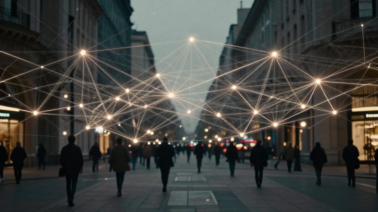 Red de líneas luminosas interconectadas que se entrelazan sobre la silueta de una ciudad y personas en movimiento.