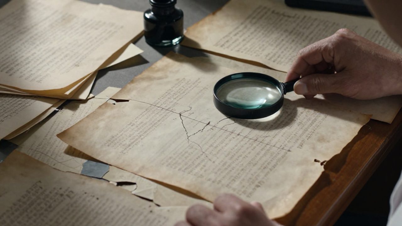 Escritorio de investigador con pergaminos antiguos, manuscritos fragmentados y una lupa sobre documentos históricos bajo una iluminación tenue.