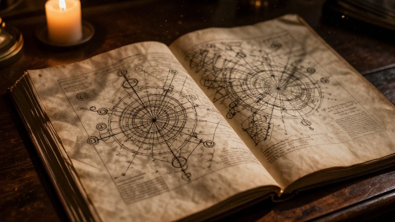 Manuscrito antiguo con diagramas de estructuras de poder sobre un escritorio de madera oscura iluminado por la luz de una vela.