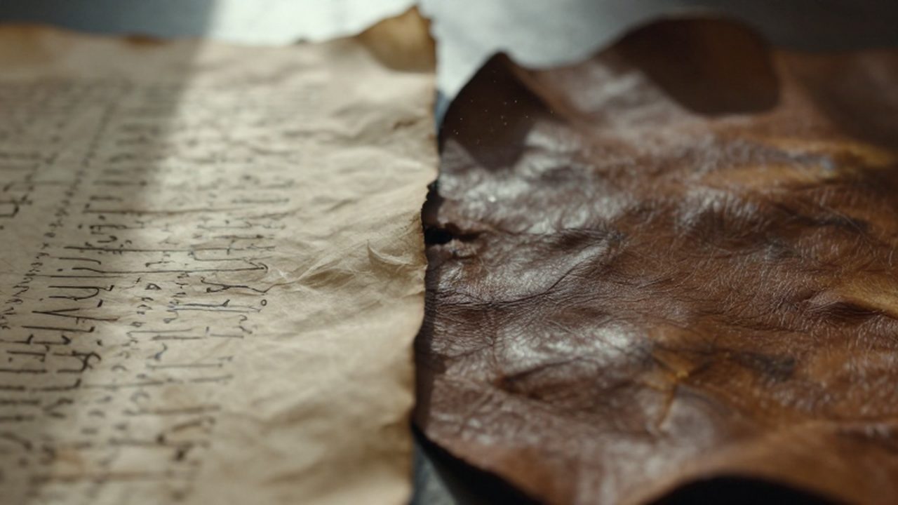 Fragmentos antiguos de papiro texturizado y pergamino de cuero desgastado con trazos caligráficos bajo una luz natural suave.