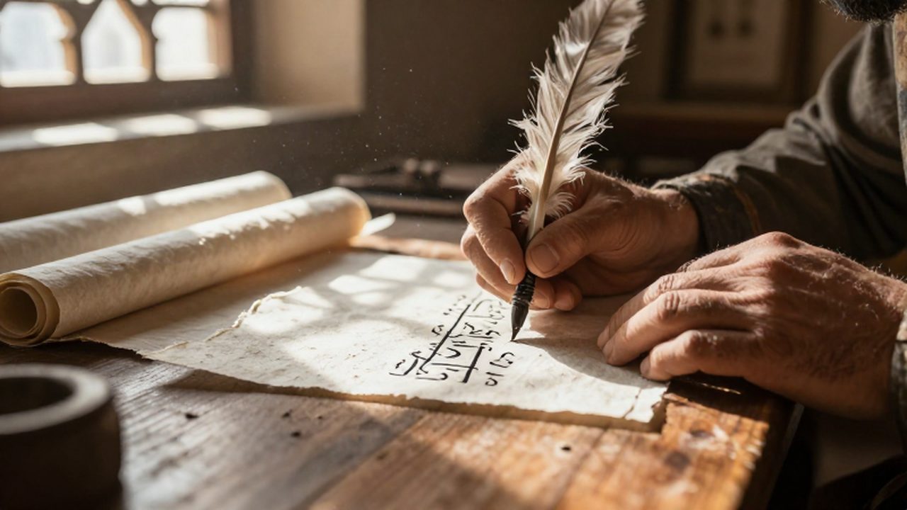 Manos de un artesano escribiendo caligrafía árabe con una pluma de caña sobre papel hecho a mano en un taller antiguo.