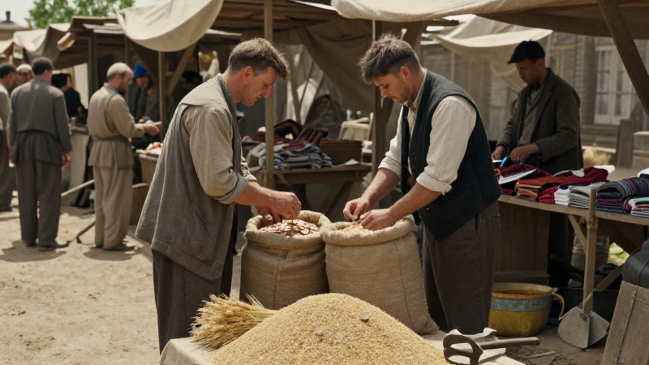 Comerciantes y campesinos intercambian granos y mercancías en un concurrido mercado soviético de la década de 1920.