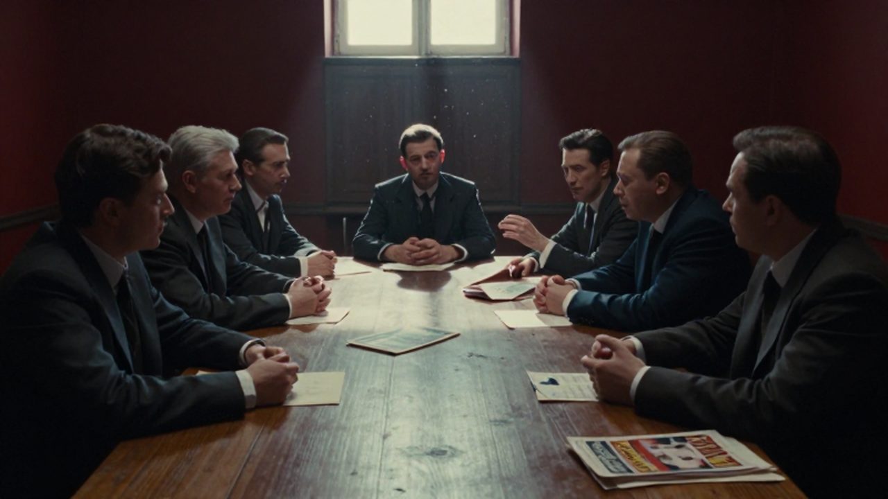 Hombres con trajes revolucionarios debaten intensamente alrededor de una mesa de madera en una sala de comités soviética ante documentos y panfletos.