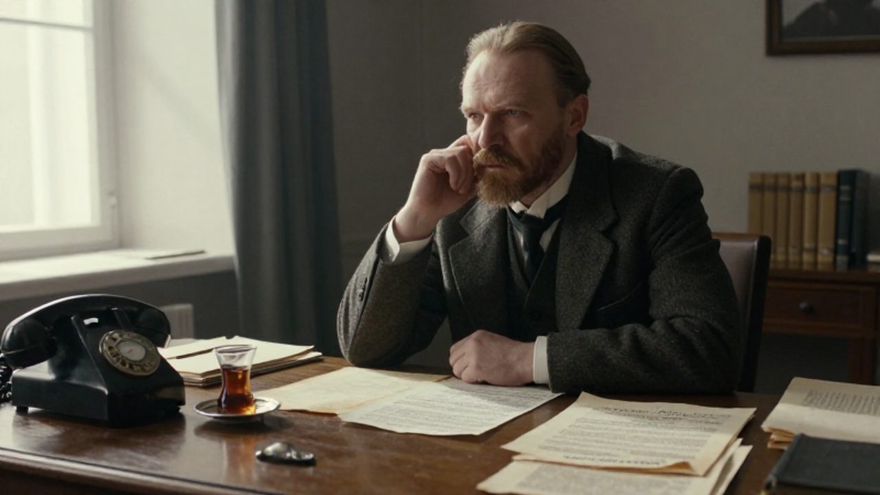 Vladimir Lenin sentado en un escritorio de madera con documentos oficiales y un teléfono antiguo en una oficina de la Unión Soviética en la década de 1920.