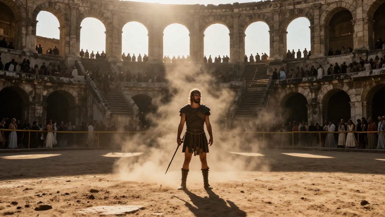 Gladiador solitario en el centro de un anfiteatro romano iluminado por la luz del sol durante un espectáculo.