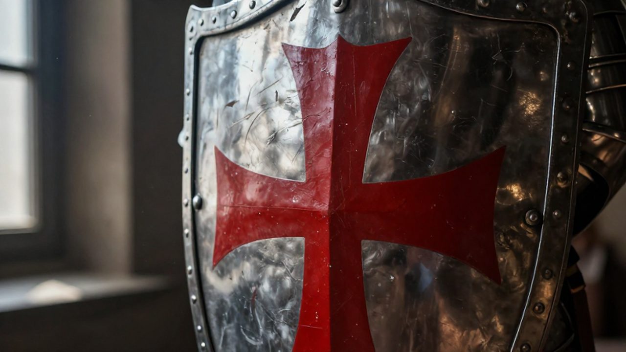 Escudo de acero de un caballero medieval con una cruz de San Jorge pintada en rojo intenso.