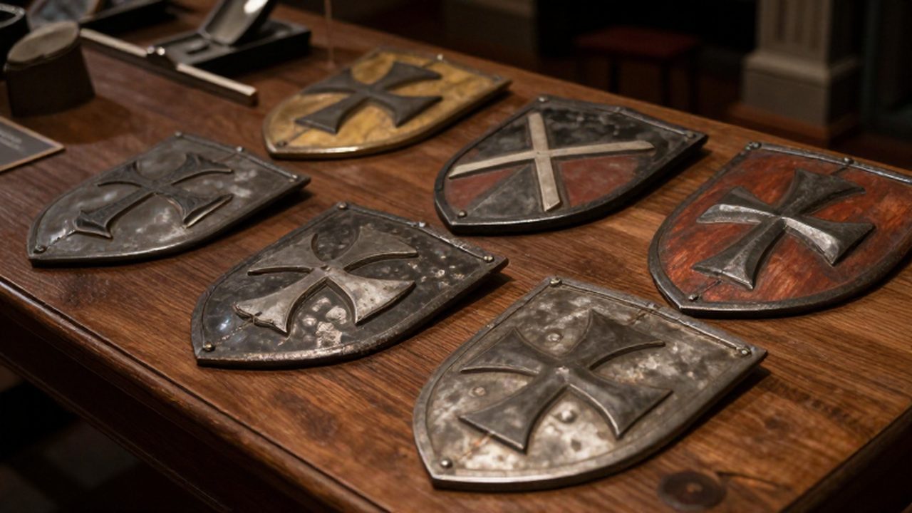 Varios escudos heráldicos medievales con distintos tipos de cruces talladas sobre una mesa de madera oscura.