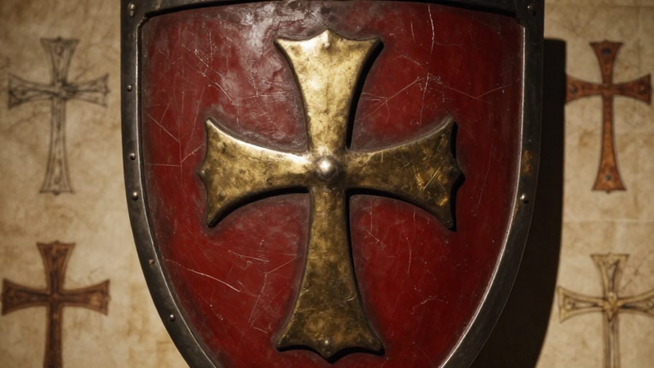 Escudo heráldico medieval con una cruz de metal grabada en tonos carmesí y oro sobre un fondo de pergamino antiguo.