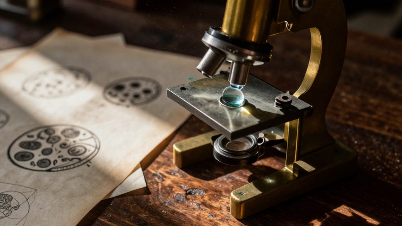 Microscopio antiguo de latón sobre un escritorio de madera con bocetos de células en pergaminos bajo una luz natural suave.