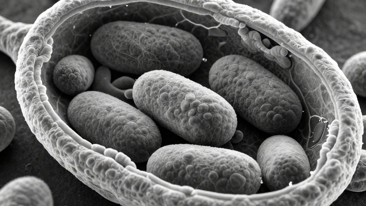 Vista detallada de la arquitectura interna de una célula con mitocondrias y membranas bajo un microscopio electrónico.