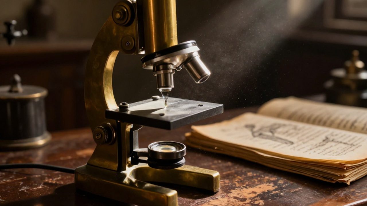 Microscopio de latón antiguo sobre un escritorio de madera junto a cuadernos médicos con bocetos anatómicos.