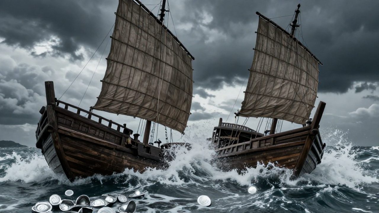 Dos barcos mercantes de madera chocan entre olas turbulentas y lingotes de plata dispersos bajo un cielo tormentoso.