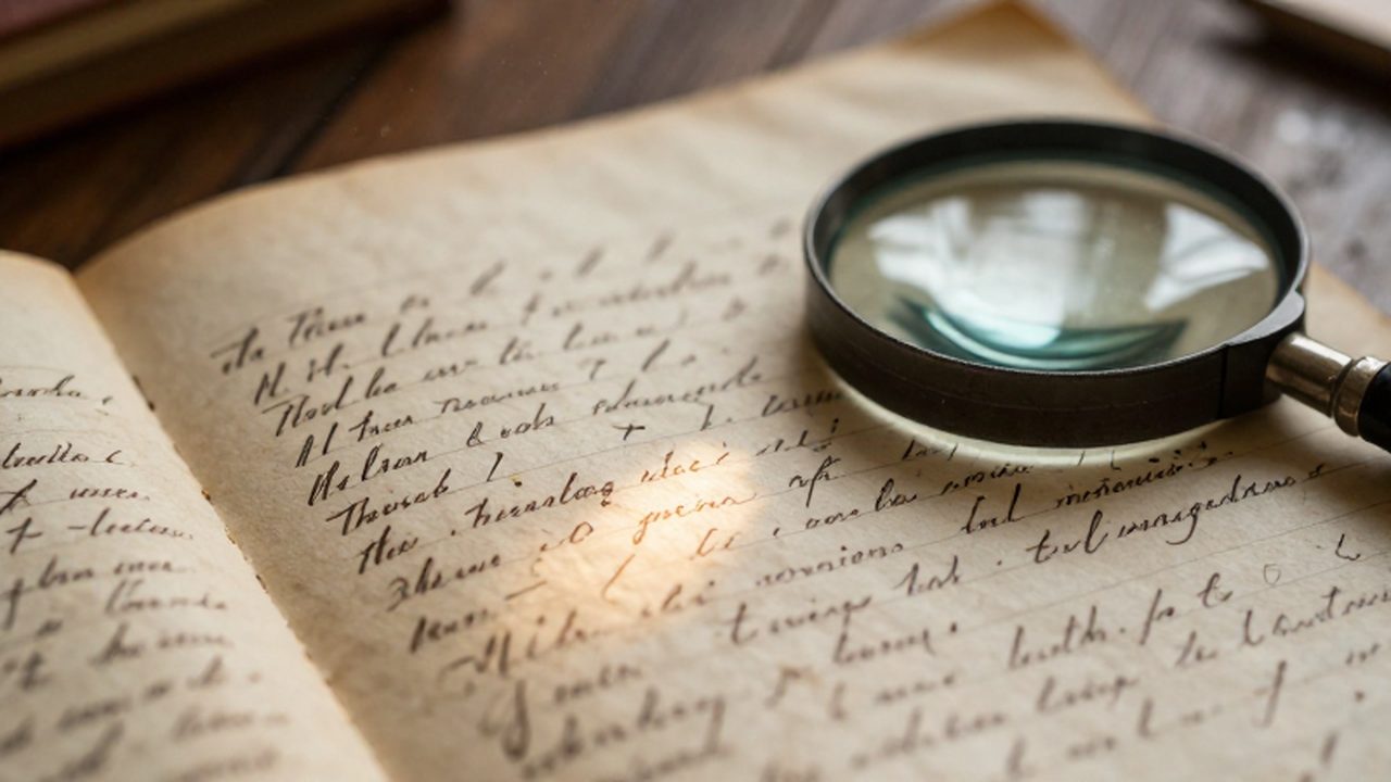 Lupa sobre un libro de registros antiguos con escritura manuscrita detallada en papel pergamino desgastado.