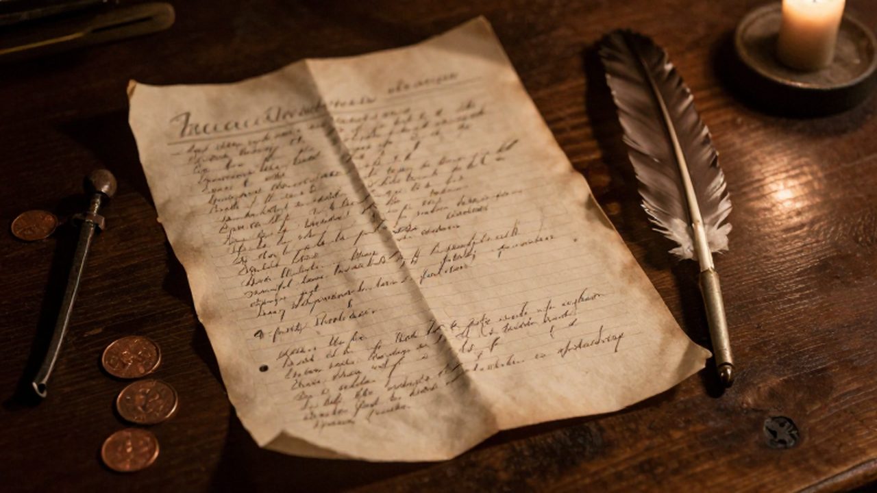 Libro de contabilidad antiguo con anotaciones a mano, una pluma y monedas de cobre sobre un escritorio de madera oscura.