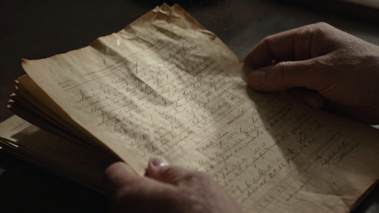 Manos de investigador hojeando documentos antiguos y manuscritos desgastados en un archivo histórico iluminado por una luz tenue.