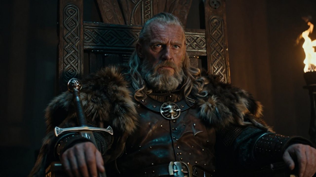 Jefe vikingo de mirada intensa sentado en un trono de madera tallada con una espada rúnica ceremonial.