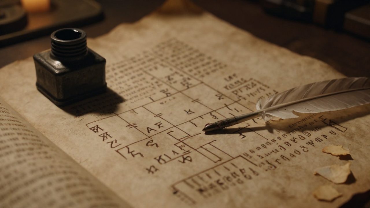 Manuscrito antiguo de pergamino con runas nórdicas, líneas genealógicas dibujadas a mano y una pluma sobre una mesa iluminada por la luz de una vela.
