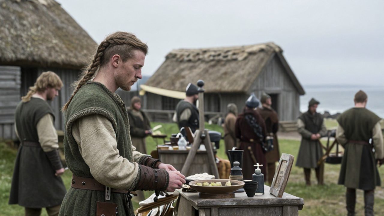 Grupo de habitantes de Dublín del siglo IX intercambiando productos en un mercado costero con una mezcla de cabañas irlandesas y estructuras vikingas.