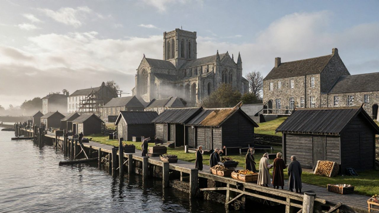 Asentamiento vikingo junto al estuario del río Liffey con casas de madera y comerciantes negociando en el muelle.