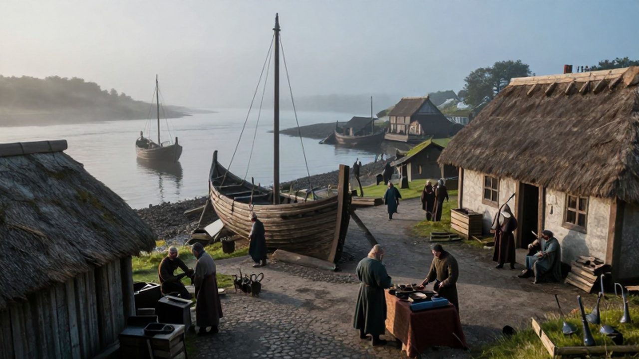Asentamiento costero medieval en Dublín con barcos vikingos anclados en un estuario neblinoso y comerciantes intercambiando productos.