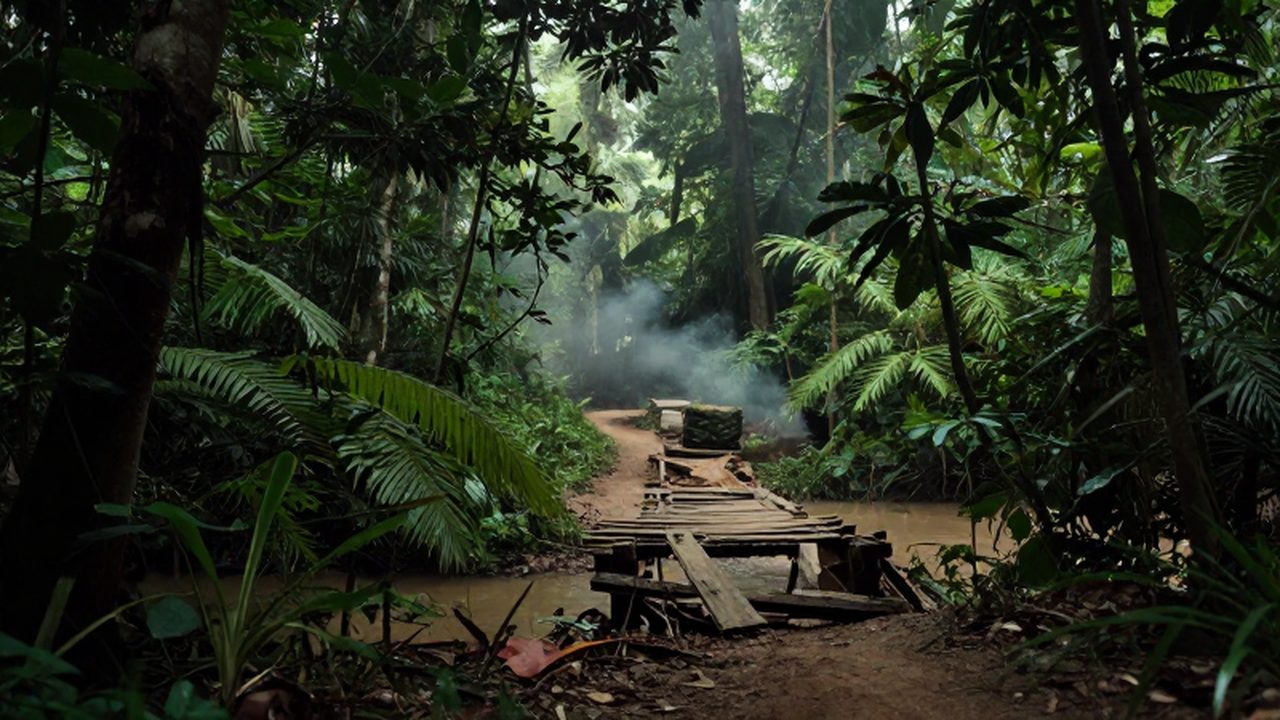 Camino de tierra serpenteante entre la densa vegetación de la selva de Vietnam con restos de un puente destruido en un río lodoso.