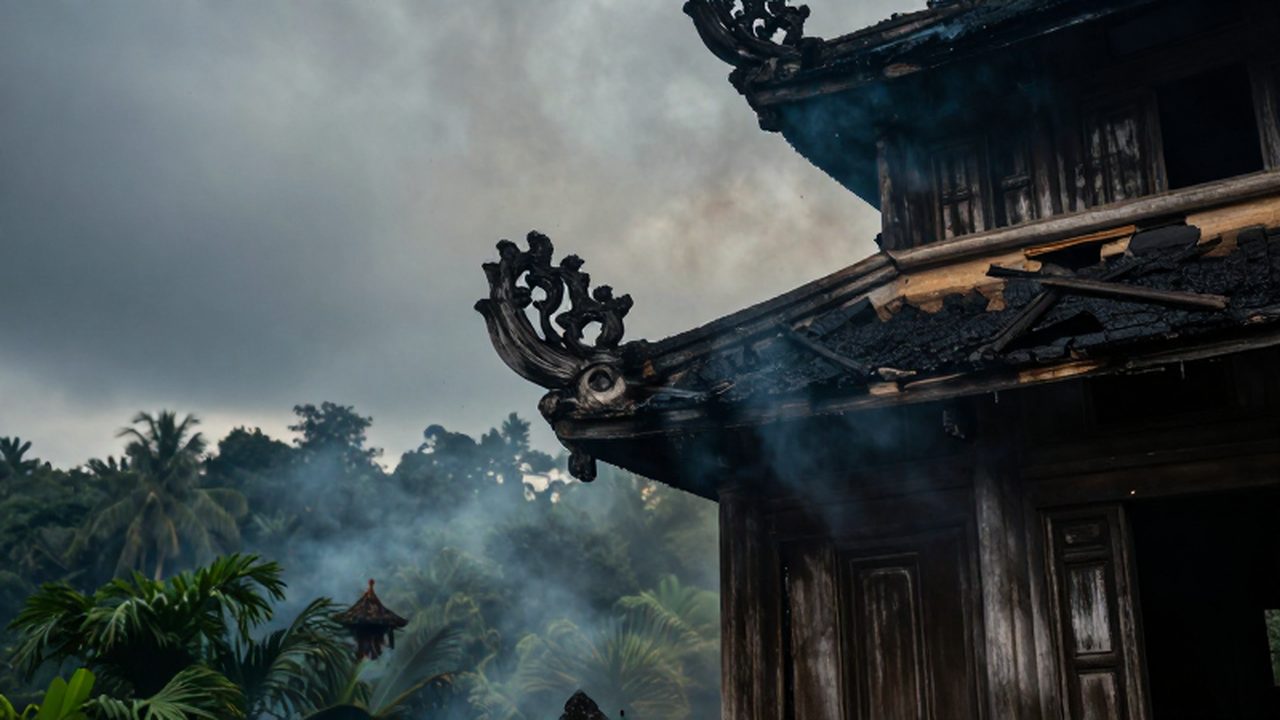 Estructura de un templo tradicional vietnamita de madera parcialmente consumida por el fuego y el humo entre la selva tropical.