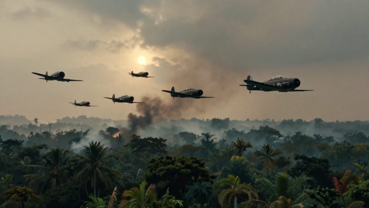 Formación de aviones de combate estadounidenses sobrevolando la densa selva de Vietnam entre columnas de humo y nubes de un atardecer dramático.