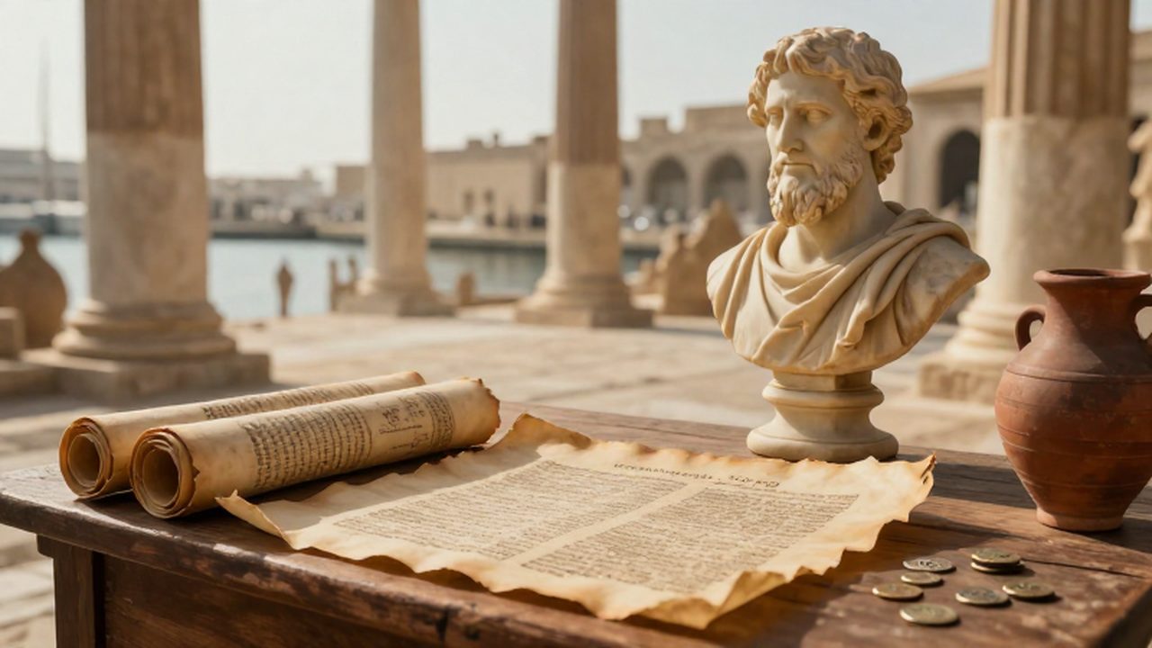 Manuscritos antiguos de papiro y monedas sobre una mesa de madera en un puerto de la Alejandría helenística bajo la luz del Mediterráneo.