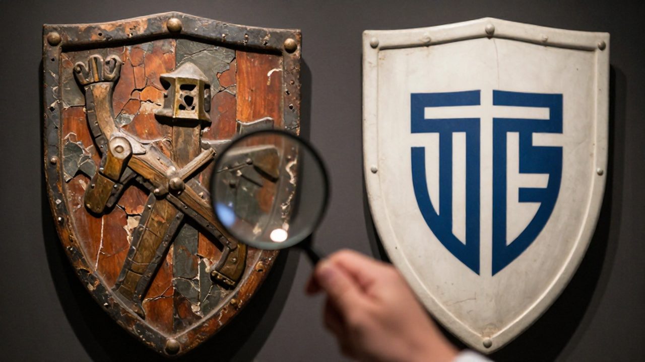Lupa de un investigador analizando la textura de un escudo heráldico antiguo desgastado junto a una réplica moderna de colores brillantes.