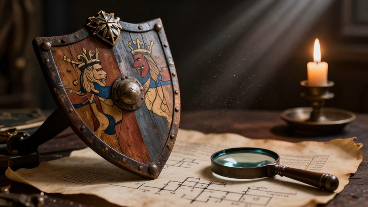 Escudo de madera medieval con símbolos heráldicos, pergaminos antiguos con diagramas de linaje y una lupa sobre una mesa iluminada por luz tenue.