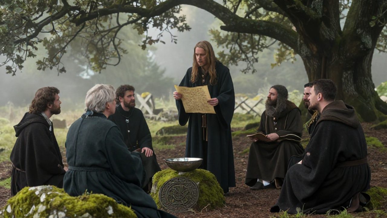Especialistas celtas reunidos en un claro de bosque brumoso donde un poeta recita genealogías mientras un druida observa presagios en un cuenco de agua sagrada.