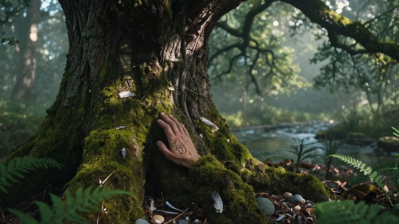 Mano de un druida trazando símbolos antiguos sobre el musgo de un roble centenario en un bosque brumoso.