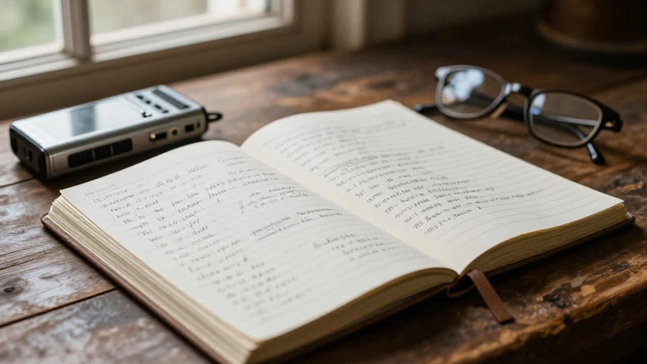 Cuaderno abierto con notas manuscritas junto a una grabadora de voz analógica y gafas sobre un escritorio de madera.