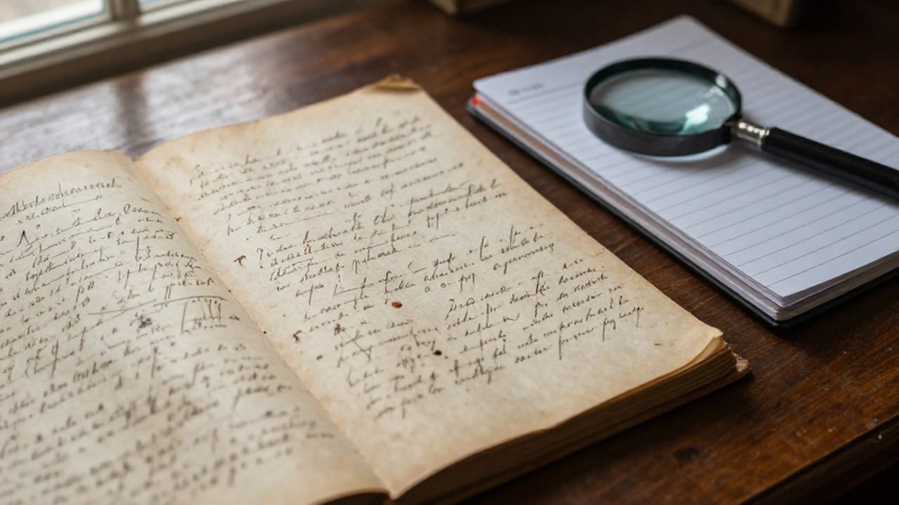 Libro de registro municipal antiguo y cuaderno de notas de investigación junto a una lupa sobre una mesa de madera.