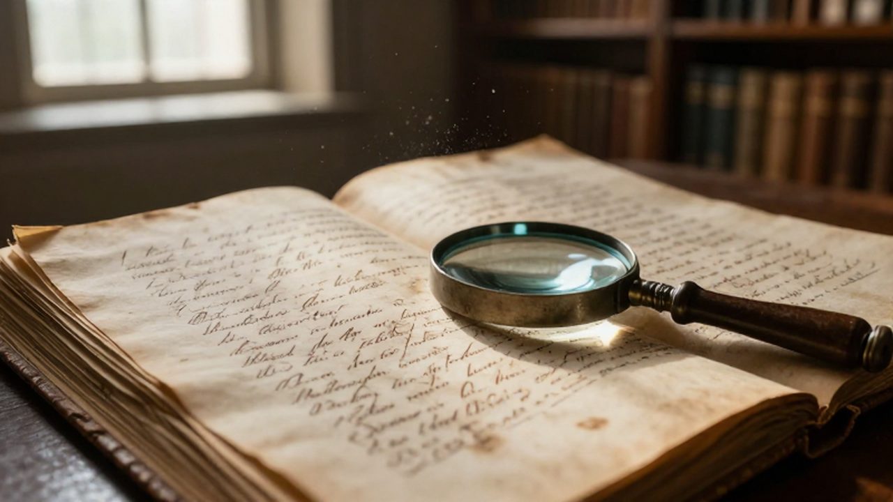 Lupa sobre un antiguo libro de registros parroquiales con caligrafía manuscrita en un archivo histórico iluminado por un rayo de luz.