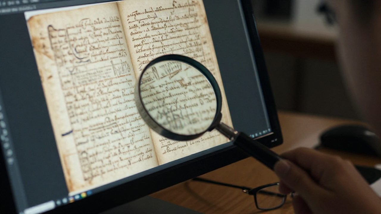Lupa apoyada sobre un monitor que muestra el escaneo de un antiguo libro de censos con caligrafía manuscrita.