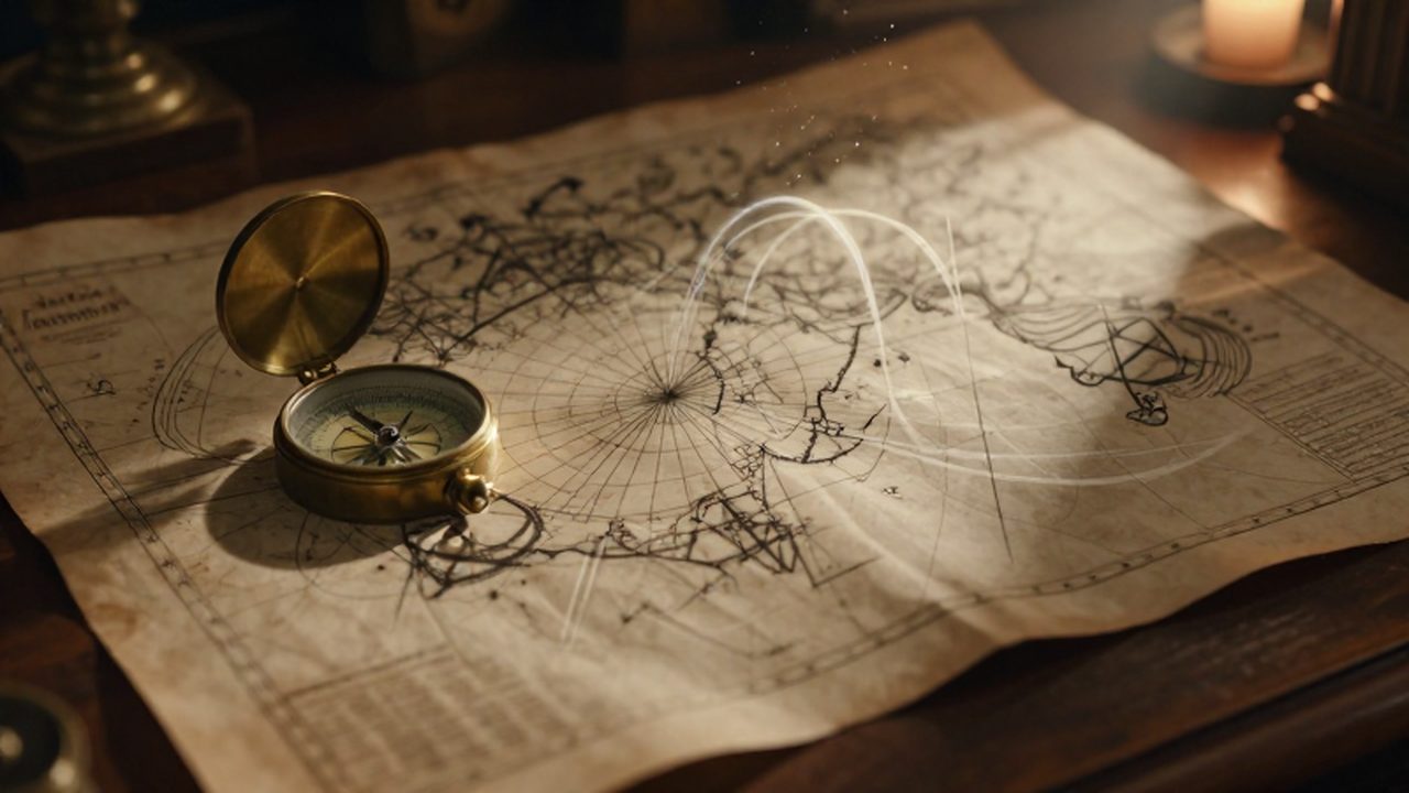 Mapa náutico antiguo sobre un escritorio de madera con una brújula de latón y líneas matemáticas brillantes que representan la curvatura geométrica.